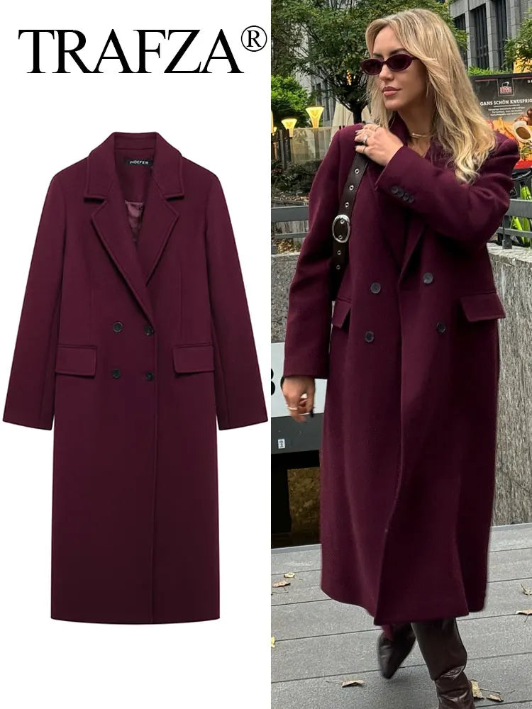 TRAFZA Frauen Mode Burgund Woolen Mantel Zweireiher Langarm Revers Blends Jacke Herbst Winter High Street Oberbekleidung.