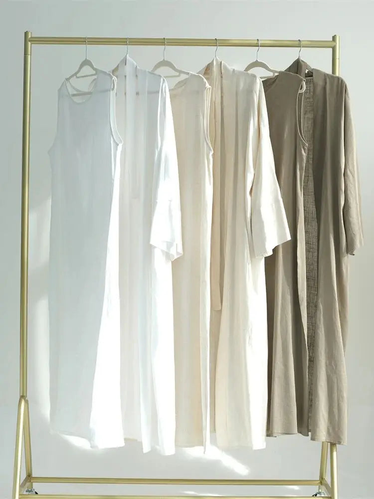 Eid Summer Cotton Linen Kimono Coat Dubai Open Abaya 2024 Muslim for Women Set Retro Kaftan Modest Dresses Islam Clothing Kebaya.