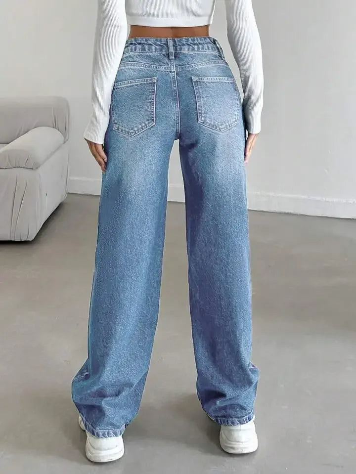Fashionable High-Waist Straight-Leg Jeans Women's Long Pants Dragging on the Ground Old Style Decorative Zipper Closure.