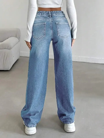 Fashionable High-Waist Straight-Leg Jeans Women's Long Pants Dragging on the Ground Old Style Decorative Zipper Closure.