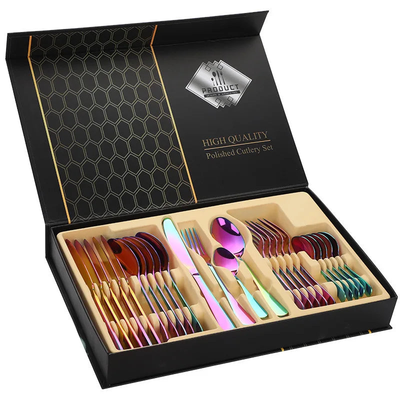24pcs Golden Tableware Set Light Luxury Stainless Steel Cutlery Fork Knife Spoon Dinnerware Set Minimalist Decor with Gift Box.
