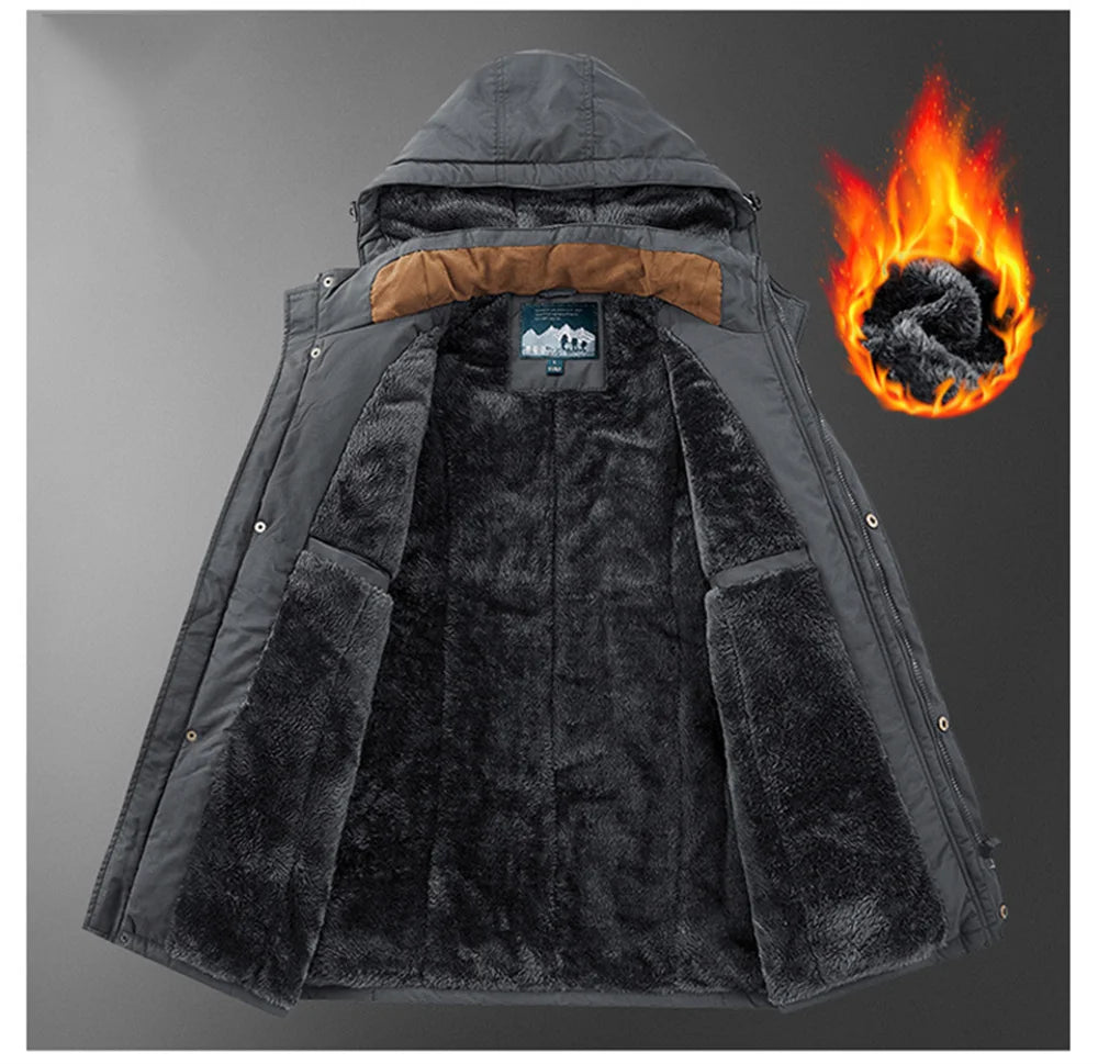 New Autumn/Winter Men's Fleece-Lined Thickened Cotton Coat Casual Vintage Workwear Jacket with Detachable Hood Multiple Pockets.