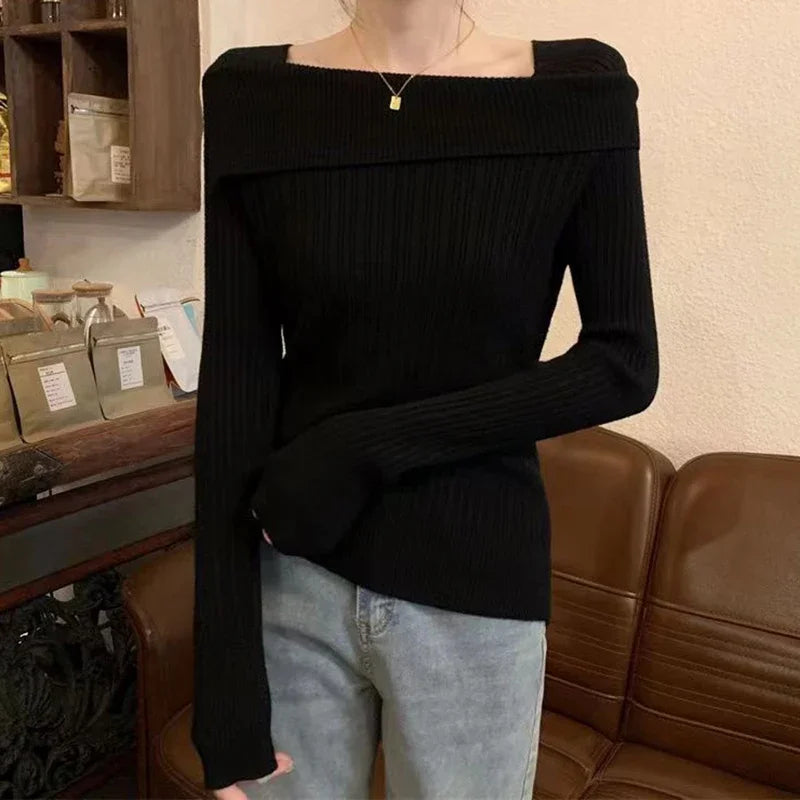Solide Sexy Schlank Off Schulter Slash Neck Langarm Stricken Pullover Frauen Jumper Büro Mode Neue.