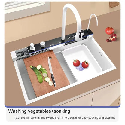 Stainless Steel Kitchen Sink with Hot Cold Pull Out Kitchen Sink Faucets Digital Large Single Bowl Waterfall Rain Kitchen Sinks