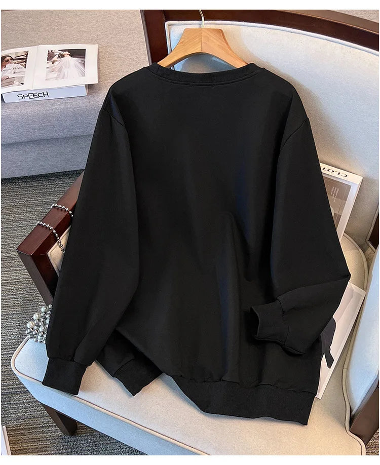 175kg plus size Damen büste Frühling Herbst loser Rundhals ausschnitt Langarm bedrucktes Sweatshirt schwarz lila 5xl 6xl 7xl 8xl 9xl