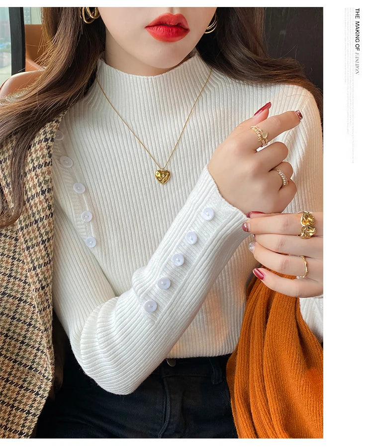 Langarm Beiläufige Dünne Pullover Mode Taste Grundlegende Gestrickte Tops Frauen Rollkragenpullover Koreanische Mode Einfache Chic Kleidung