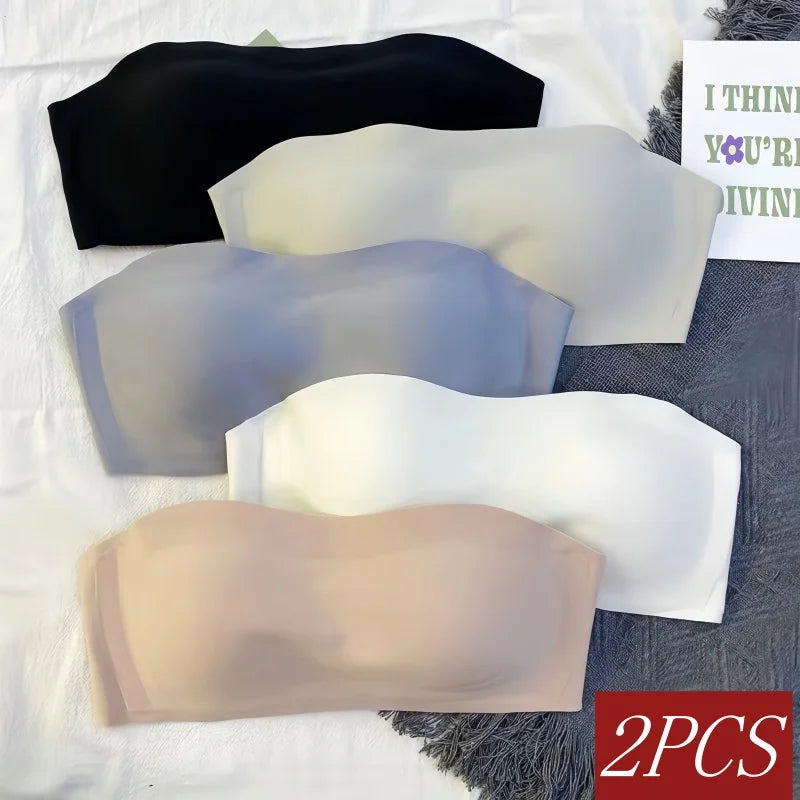 2Pcs/Set Strapless Bras For Women Push Up Bra Non-wire Bra Glossy Brassiere Seamless Underwear 1/2 Cup Padded Sexy Lingerie.