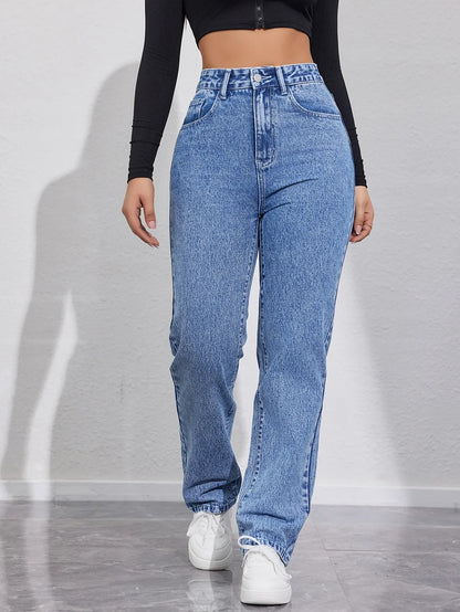 Women's High Waist Loose Comfortable Slimming Fashionable Straight Leg Casual Long Jeans Durable Quality from Mainland China.