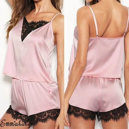 Frauen Eis Seide Pyjama Nachtwäsche Pyjama Set Nachthemden Nachthemd Leibchen Shorts schwarz rot l xl Spitze lässig sexy glatt 파자.