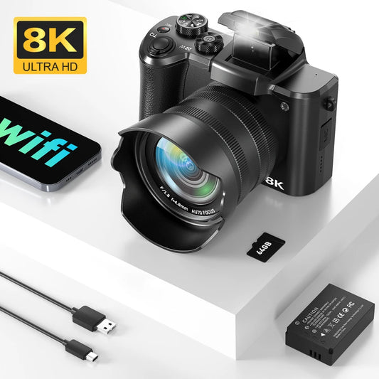 8K Digital Camera for Photography, Front And Rear Dual lens Vlogging Camera with Autofocus, WiFi Touchscreen 16X Digital Zoom.
