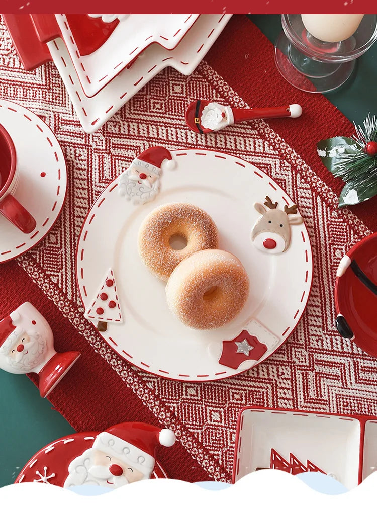 Nordic Stitching Santa Claus Dishes Plates Tableware Set Embossed Sealed Jar Seasoning Jar Western Ceramic Flat Plate Cup.
