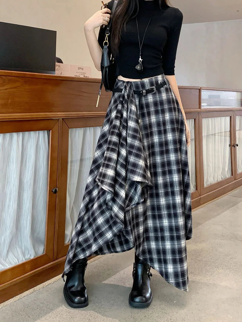 MEXZT Vintage Plaid Woolen Midi Skirt Women Y2K Harajuku Belt Asymmetrical Skirts Winter Gyaru Grunge Korean Design Faldas New.