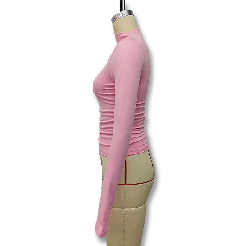 New fashion women's casual slim fit pleated high neck long sleeved solid color top t-shirt