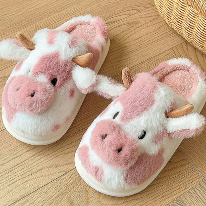 Shevalues Plush Cartoon Milk Cow Slippers Winter Women Slippers Furry Non-Slips Women Cotton Slides Couples Soft Cozy Flat Shoes