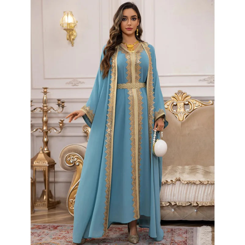2PCS Muslimische Frauen Luxus Kimono Strickjacke Innere Kleid Set Dubai Abaya Kaftan Marokko Abend Party Kleid Djellaba Eid Jalabiya Neue.