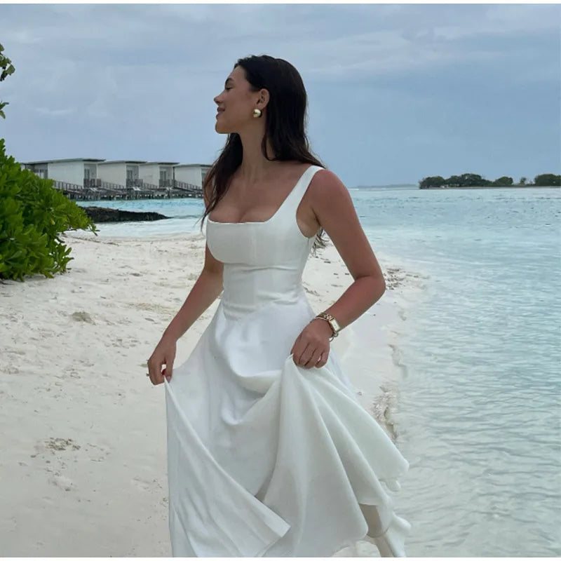 Schwarzes A-Linien-Langkleid für Damen, elegant, quadratischer Ausschnitt, plissiert, ärmellos, Sling-Maxikleider, 2025, Sommer-Dame, Urlaub, Party, Roben