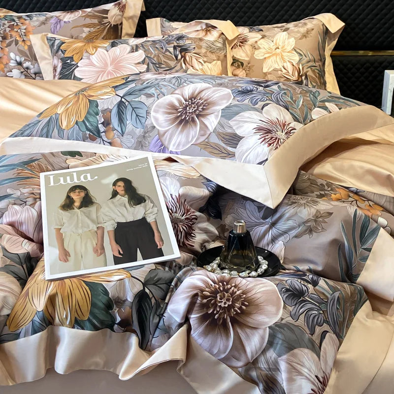 Floral Print 600TC Egyptian Cotton Bedding Queen King Comforter Cover Soft Duvet Cover Set Flat/Fitted Bed Sheet Pillowcases