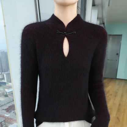 2024 autumn winter new 100% mink cashmere sweater women's pullover slim-fit long sleeve solid color stand collar bottom knitwear