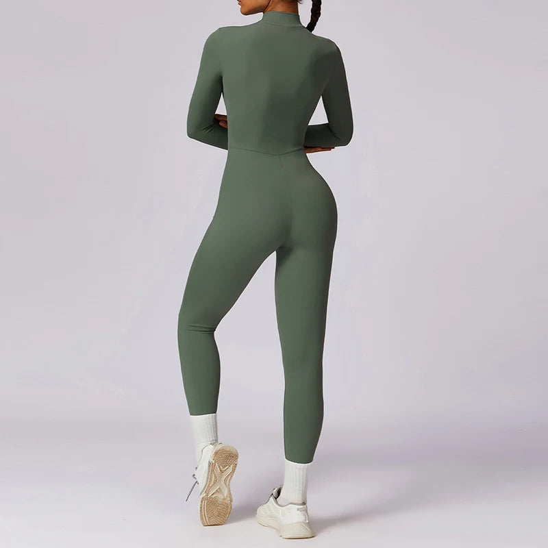 Zipper Long Sleeve Jumpsuit Gym Sportswear Women Yoga Boilersuit Women Sports Jumpsuit Fitness Rompers Stretch Workout Bodysuits.