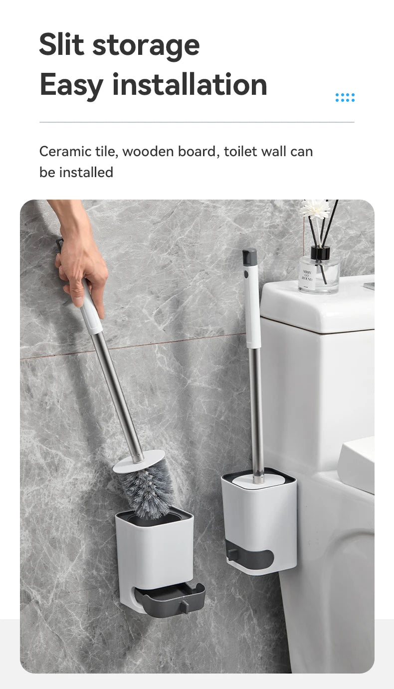 WORTHBUY Wandmontierte Toilettenbürste aus Kunststoff mit langem Griff und Halter, stanzfreie WC-Toilettenreinigungsbürste, Badezimmerzubehör