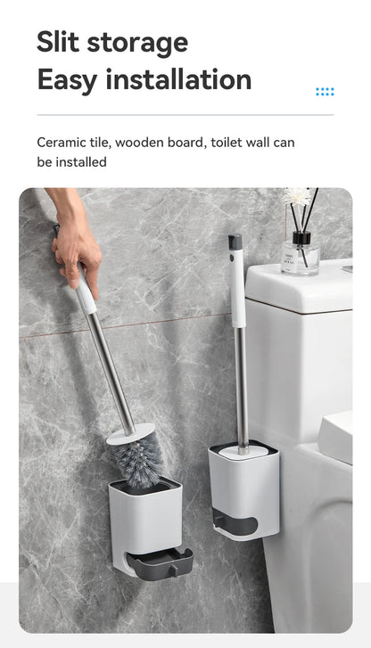 WORTHBUY Wandmontierte Toilettenbürste aus Kunststoff mit langem Griff und Halter, stanzfreie WC-Toilettenreinigungsbürste, Badezimmerzubehör