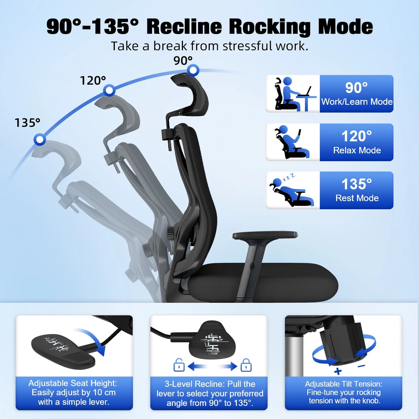 AUTHMIC Ergonomischer Bürostuhl, 3D-Lendenwirbelstütze, verstellbare Kopfstütze und Armlehnen, verstellbarer Schreibtischstuhl, 155 kg Tragkraft