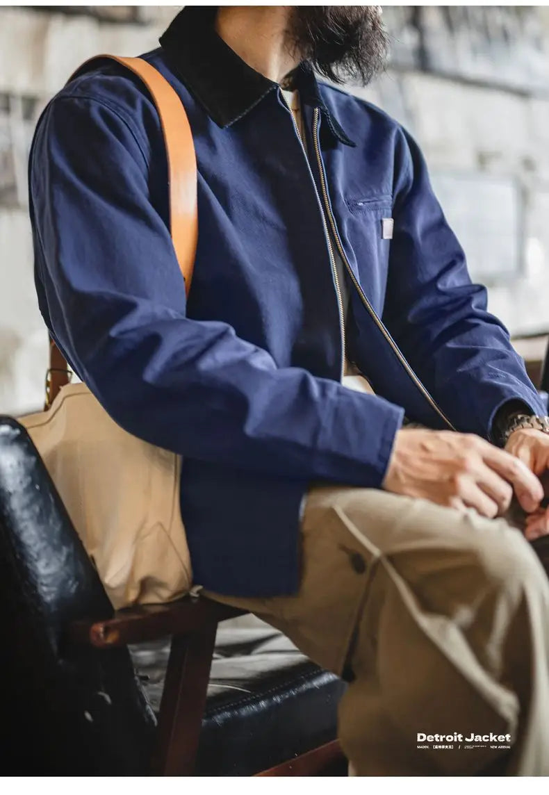 Maden Men's Retro J001 Detroit Jacket Heavyweight Canvas Hunting Coat Lapel Collar Work Jackets with Zipper for Spring Fall