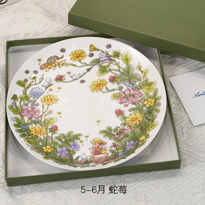 Bone China Dinner Plate Anime Cup and Saucer Set Coffee Mug Cute Cartoon Pattern Ceramic 9.5 Inch Dish Household Tableware Gift.