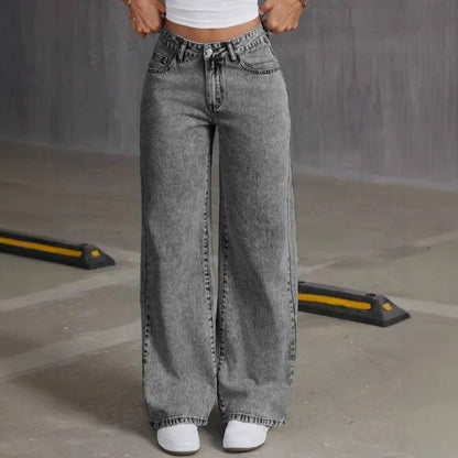 Jean Straight Pants Women Denim Washed Jeans Full Length Mom Embroidery Pockets Loose High Waist Vintage Zipper Fly Spliced.