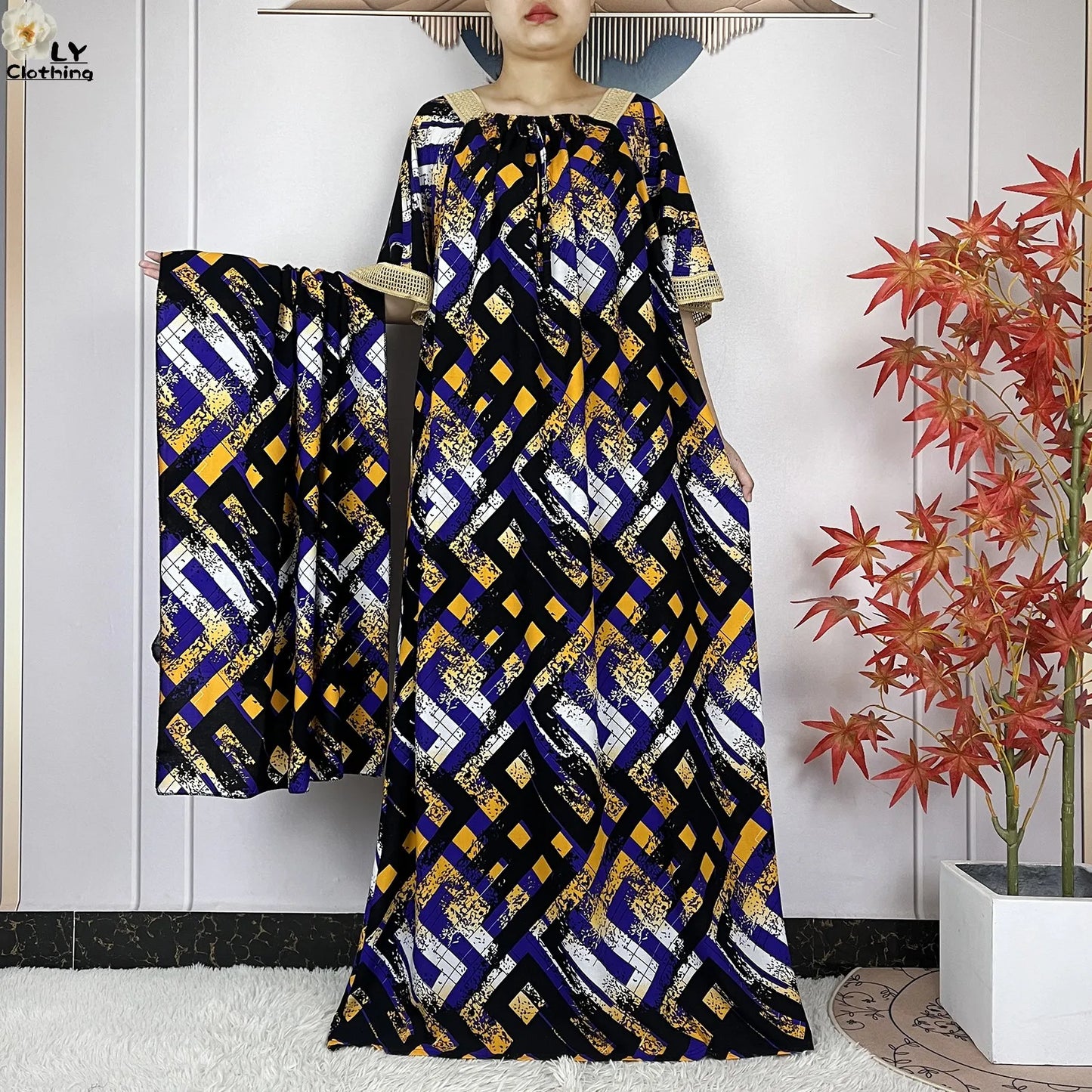 New Muslim Dress Woman Short Sleeve Dashiki African Abaya Tie-dyed Printing Cotton Loose Femme Robe Islamic Dresses With Scarf