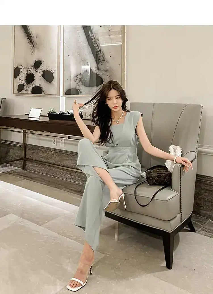 Slimming High Waist Wide Leg Pants Korean Style Fashionable Women's One-Piece Jumpsuit Summer New Arrival Simple Elegant.