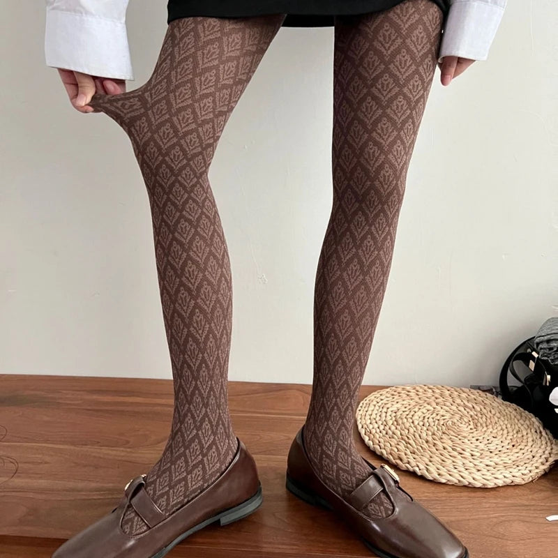 Retro Comfortable Velvet Women Tights Winter Autumn Jacquard Geometric Pantyhose Slimming High Elasticity Preppy Style Leggings