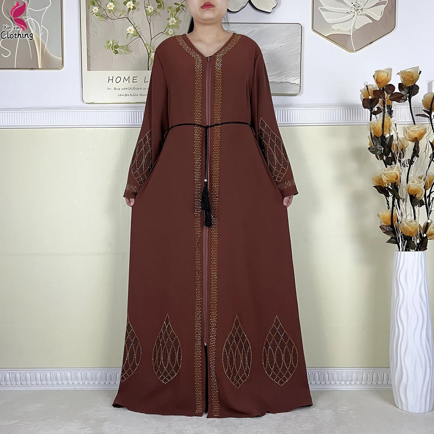 New Dubai Women Elegant Dress Diamonds Chiffon Open Abaya with Zipper Islamic Turkey Clothing Women Muslim Party Evening Dress.
