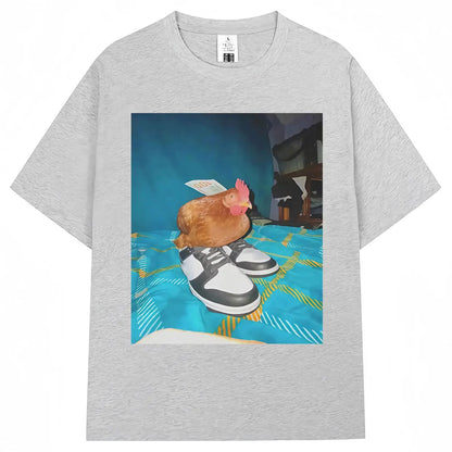Funny Dripped Out Chicken Meme Print T-shirts Humor Chicken with Shoes Men Women T Shirt Creativity Popular Loose Cotton T-shirt