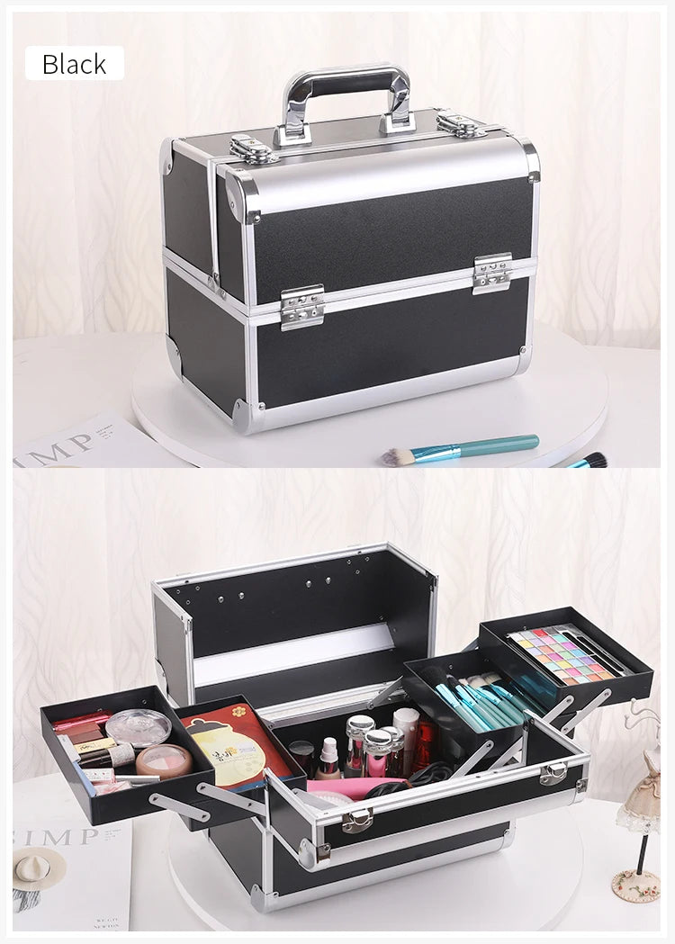 Makeup Train Case Aluminum Alloy Case Pedicure Tool Box with Handle Cosmetic Box Portable Makeup Case Organizer