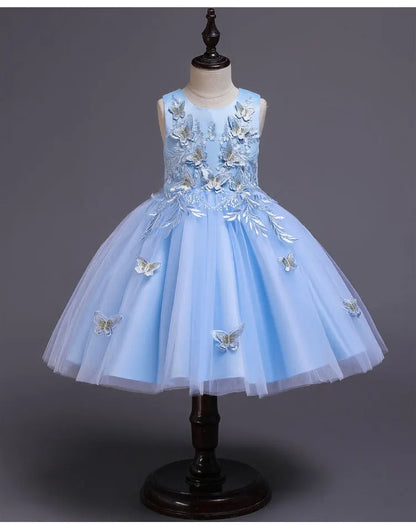 Elegantes Kleid für Mädchen, Abend, Hochzeit, Schmetterlingsapplikationen, Netzstoff, Prinzessinnenkleid für Kinder, Geburtstagsfeier, Abschlussball, Performance-Kleid.