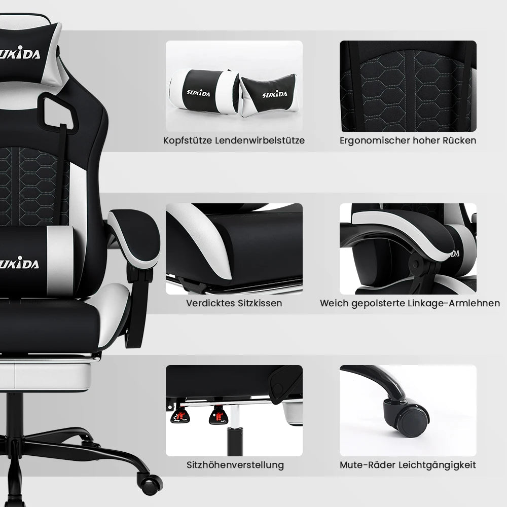 SUKIDA Ergonomischer Racing-Gaming-Stuhl, verstellbar, drehbar, mit Kopfstütze und Lordosenstütze für Büro und Gaming