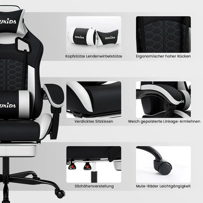 SUKIDA Ergonomischer Racing-Gaming-Stuhl, verstellbar, drehbar, mit Kopfstütze und Lordosenstütze für Büro und Gaming