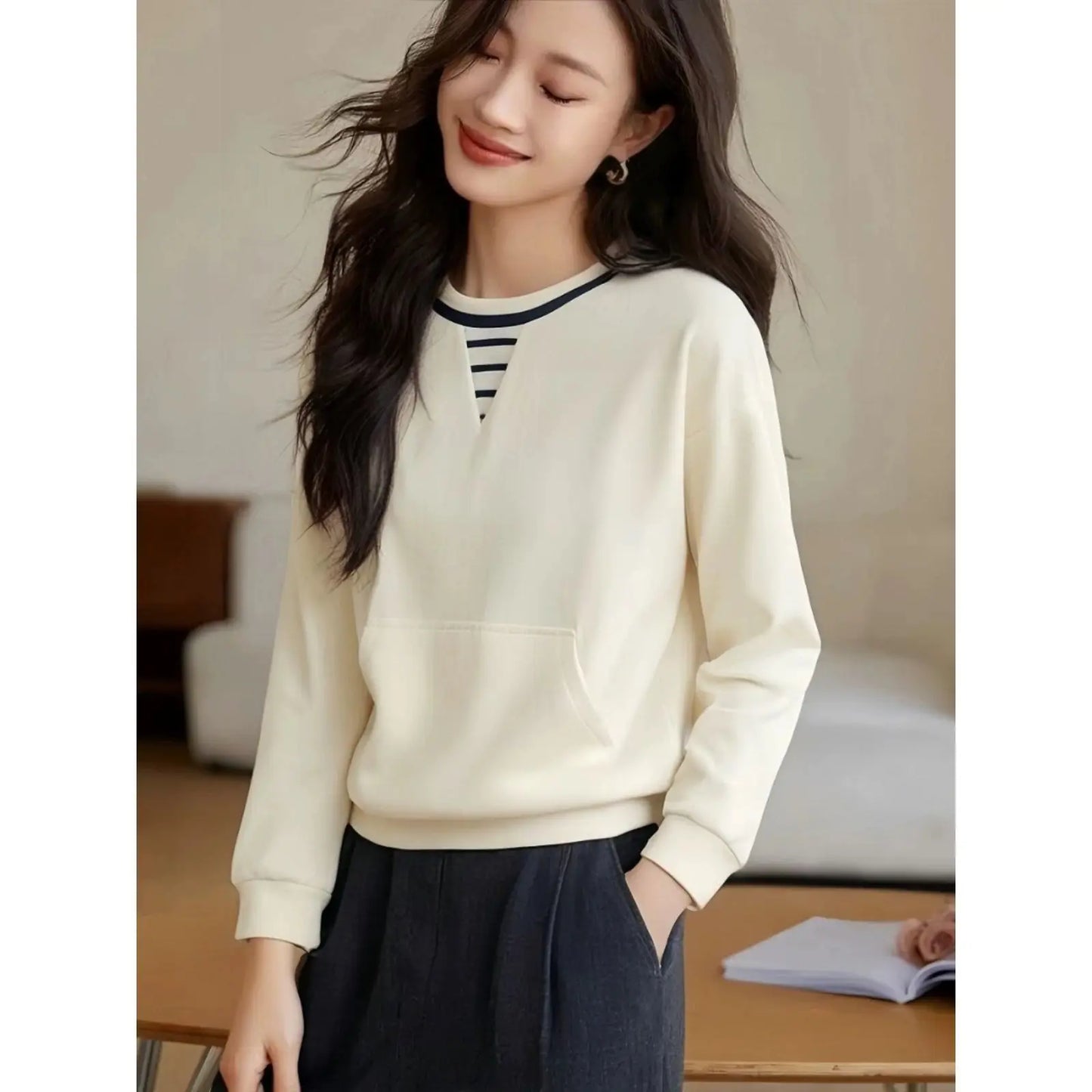 Apricot Round Neck Contrast Long Sleeve Womens Sweatshirt Stylish Casual Minimalist Top