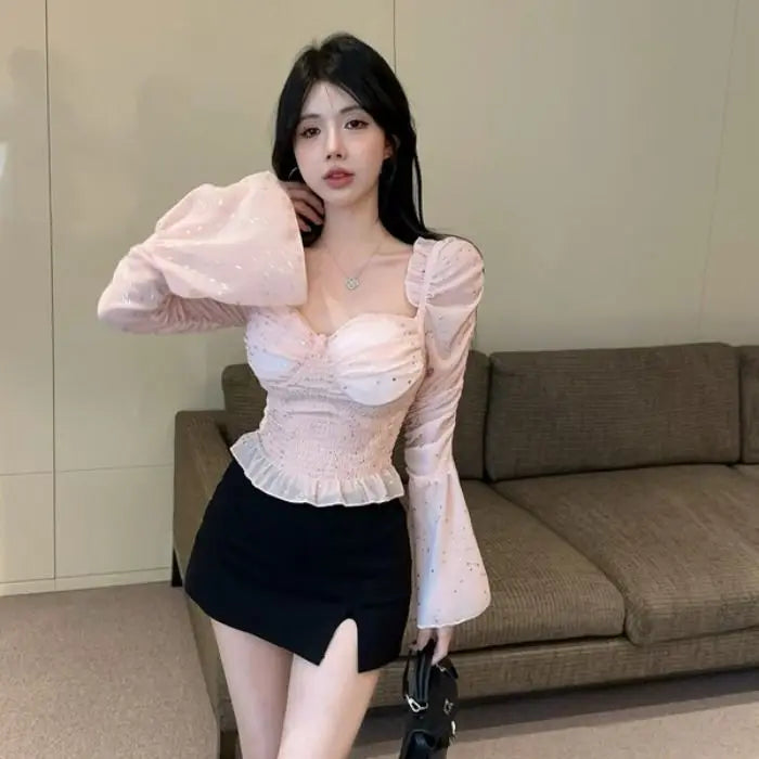 New Women's One Shoulder Flared Sleeve Top Pink Sweet and Spicy Top Niche and Unique Shirt.