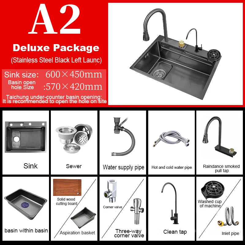 New Stainless Steel Kitchen Sink with Waterfall  Large Single Slot Various Multifunctional Sinks Dish and Vegetable Wash Basin