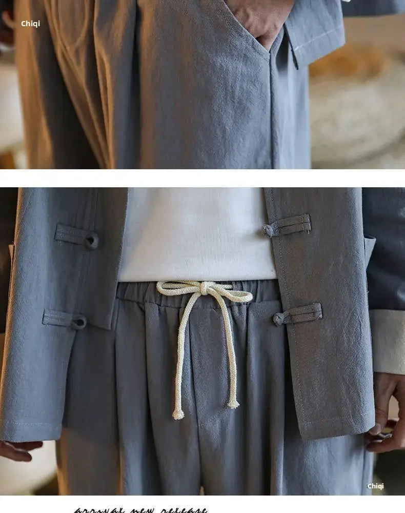 Traditional Chinese Men's Tang Suit Cotton Linen Ancient Costume Tea Servant Zen Meditation Clothing Middle Mountain Hanfu.