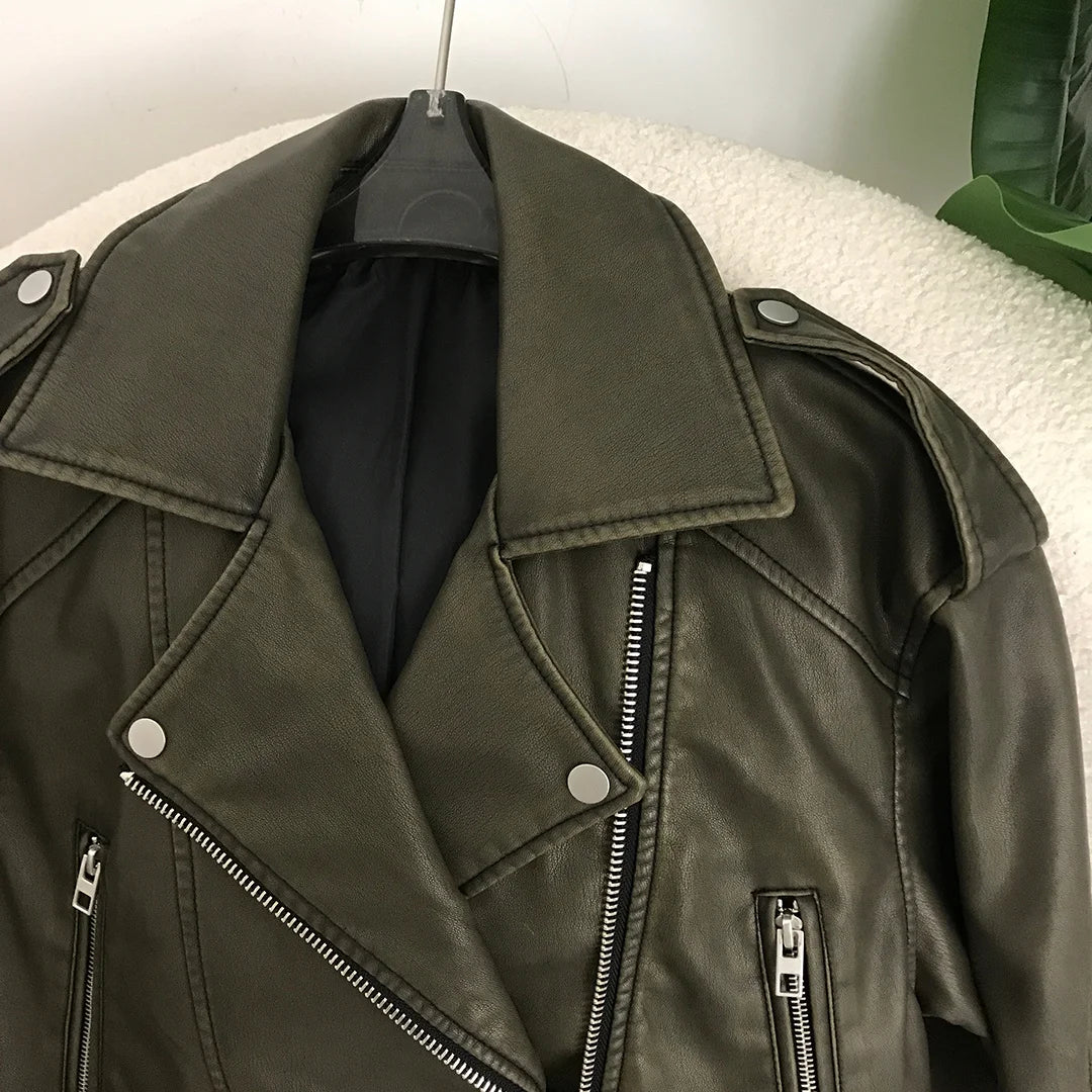 Neue Frühjahr Frau Faux Leder Jacke Chic Vintage Amerikanische straße tragen Kurze Revers Zipper Gürtel Biker Mäntel Mode Streetwear.