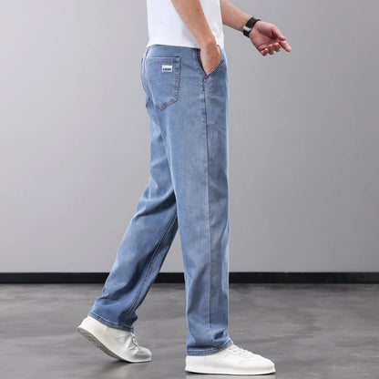 Summer Thin Men's Jeans Lyocell Fabric Soft Breathable Straight Denim Pants Brand Man Elastic Ice Silk Casual Trousers Grey Blue