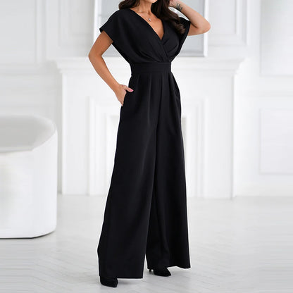 Elegant Women Solid Color Slim Playsuits Overalls Office Lady Simple Commuting Rompers Temperament High Waist Wide Leg Jumpsuits.