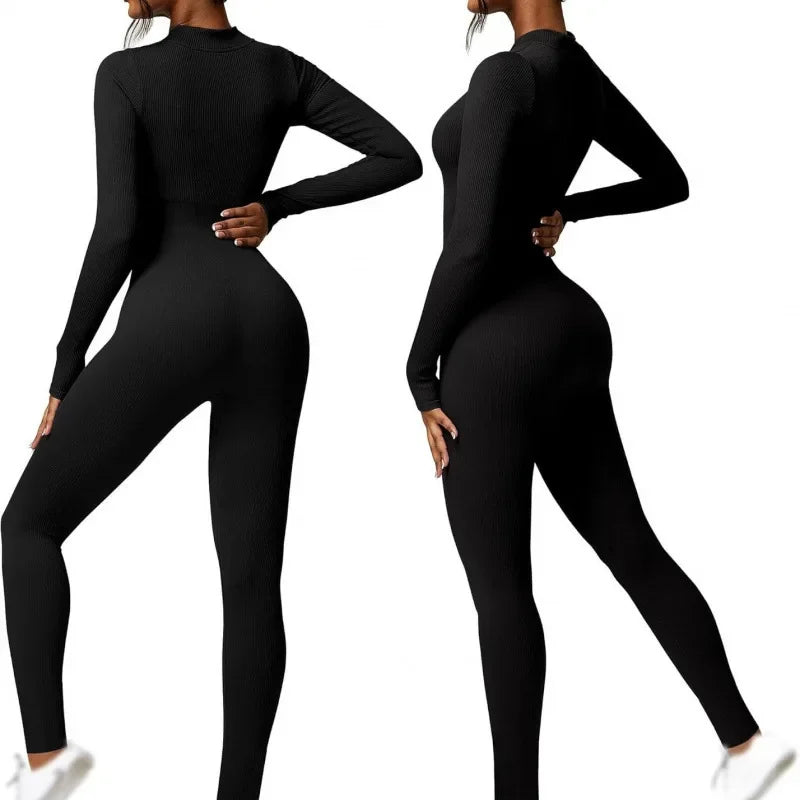 Seamless Long Sleeve Yoga Suit Waist-Fitted Shaping Trousers Casual Sports One-Piece Zippered Fitness Wear.