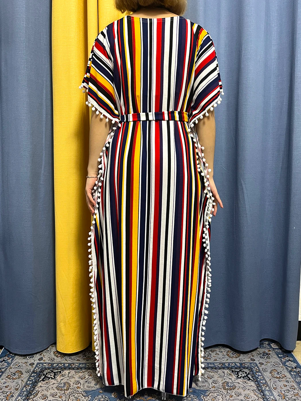 Abayas For Women 2024 Printed Vertical Stripe Tassels Elasticity Loose Fit Femme Robe African Woman Dresses With Belt Headscarf