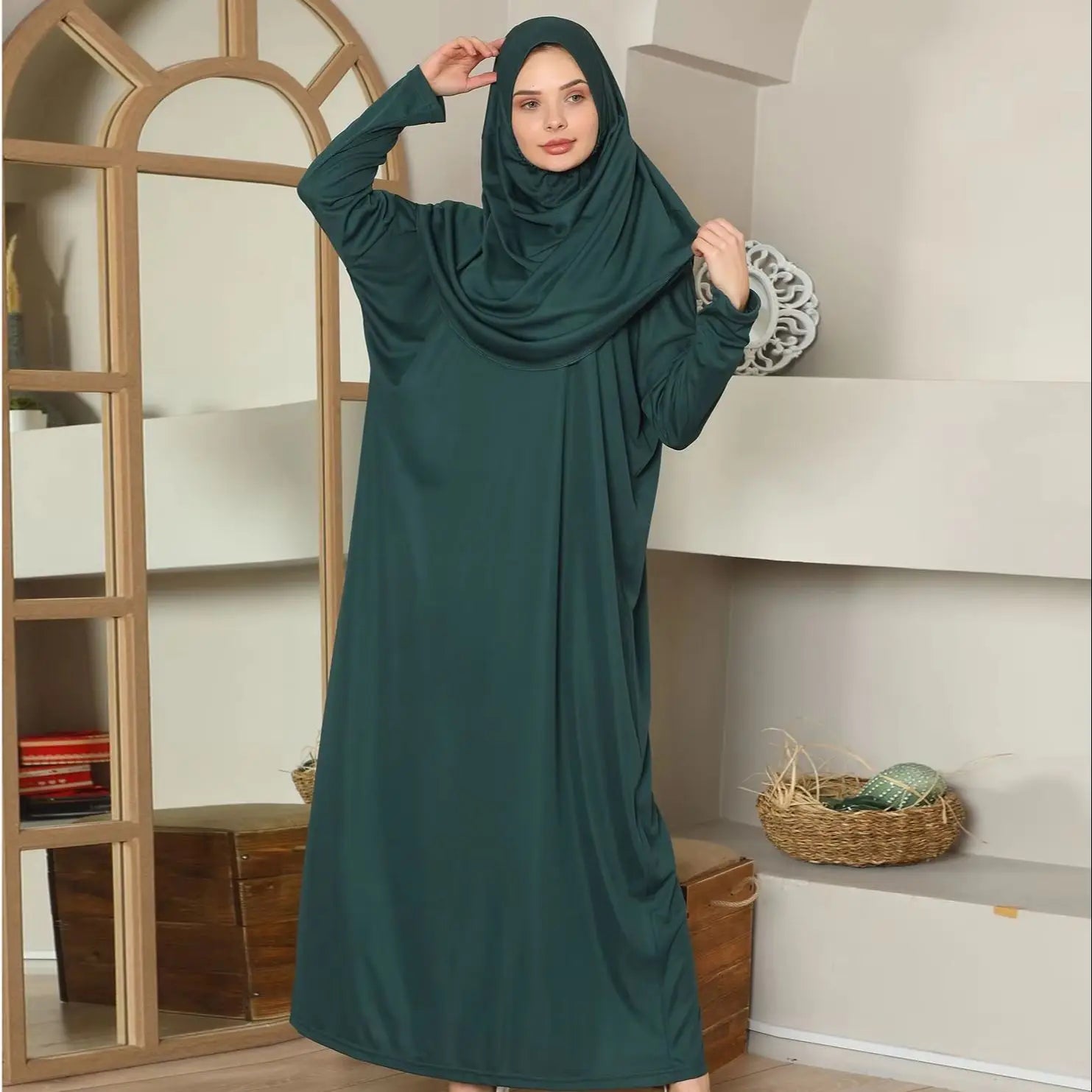 Modest Hooded Prayer Dress Muslim AbayasFull Sleeve One-piece Kaftan Women Ramadan Jilbabs Hijab Dresses Islamic Clothing.