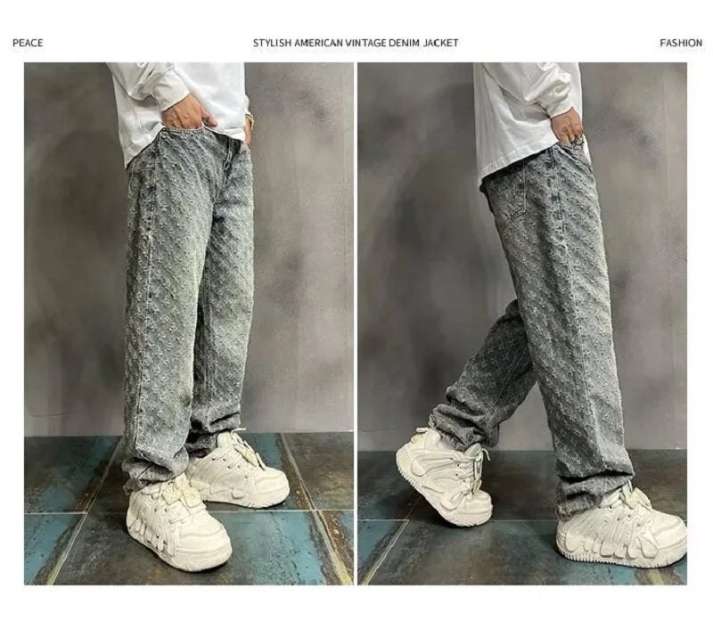 Jacquard All Over High Street Jeans Mens 2024 New Straight Lift Pattern Loose Wide Leg Jeans Casual Boyfriend Jeans Pants Tide.