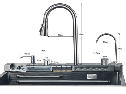 Stainless Steel Kitchen Sink with Hot Cold Pull Out Kitchen Sink Faucets Digital Large Single Bowl Waterfall Rain Kitchen Sinks